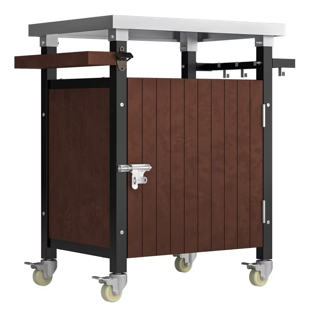 IVV BBQ Grill Storage Cart/Bin. Outdoor Storage Cabinet on Wheels. Metal Kitchen Dining Table Cooking Prep Table with Wheels. Hooks. and Spice Rack. for Patio Island Home Party Bar (Brown)