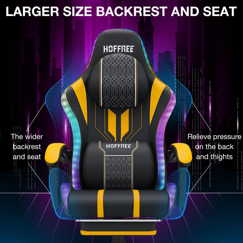 HOFFREE Big and Tall Gaming Chair with Speakers and RGB Lights. Gamer Chair with Footrest. Lumbar Support Height Adjustable 360-Swivel Seat and Headrest for Adults. 400lbs