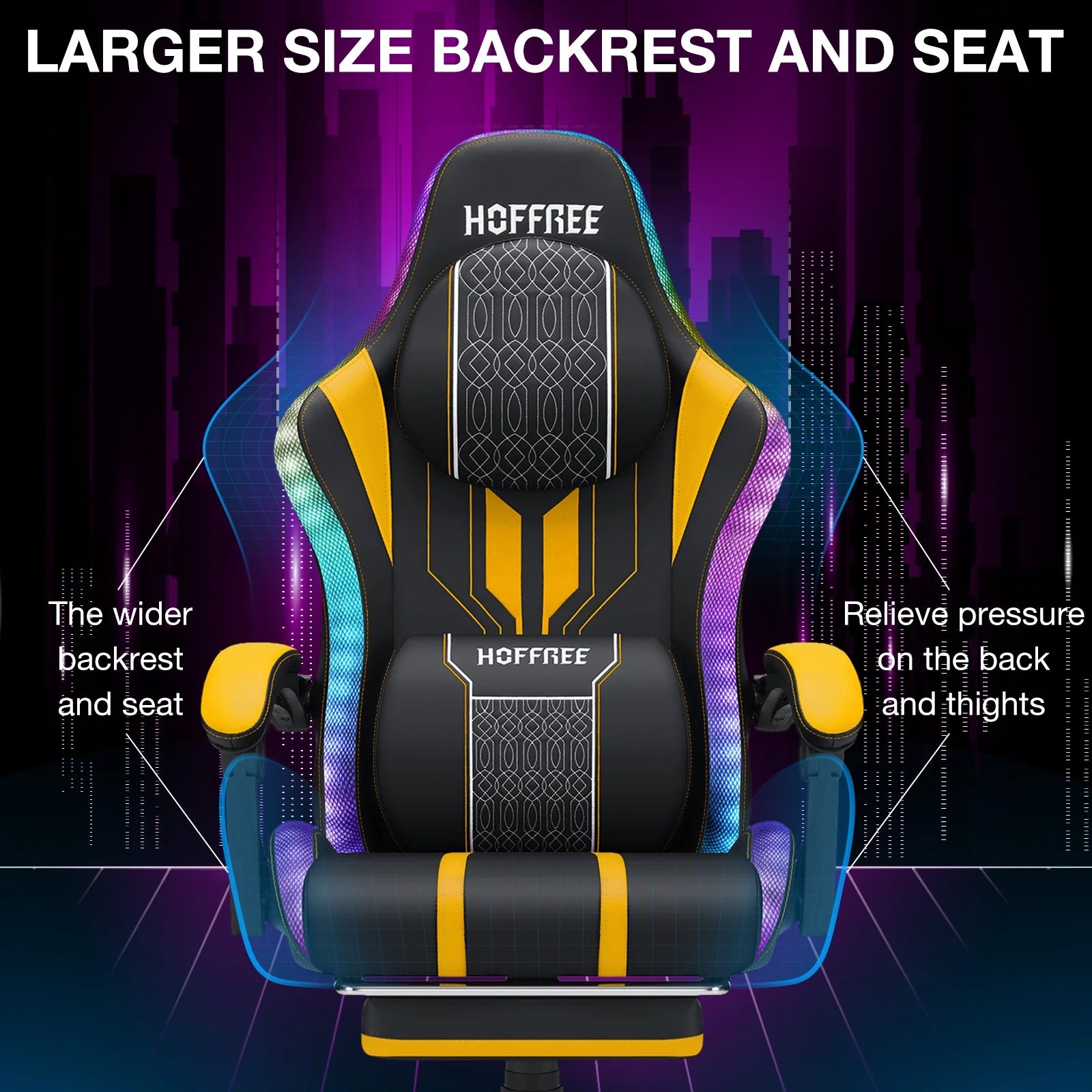 HOFFREE Big and Tall Gaming Chair with Speakers and RGB Lights. Gamer Chair with Footrest. Lumbar Support Height Adjustable 360-Swivel Seat and Headrest for Adults. 400lbs