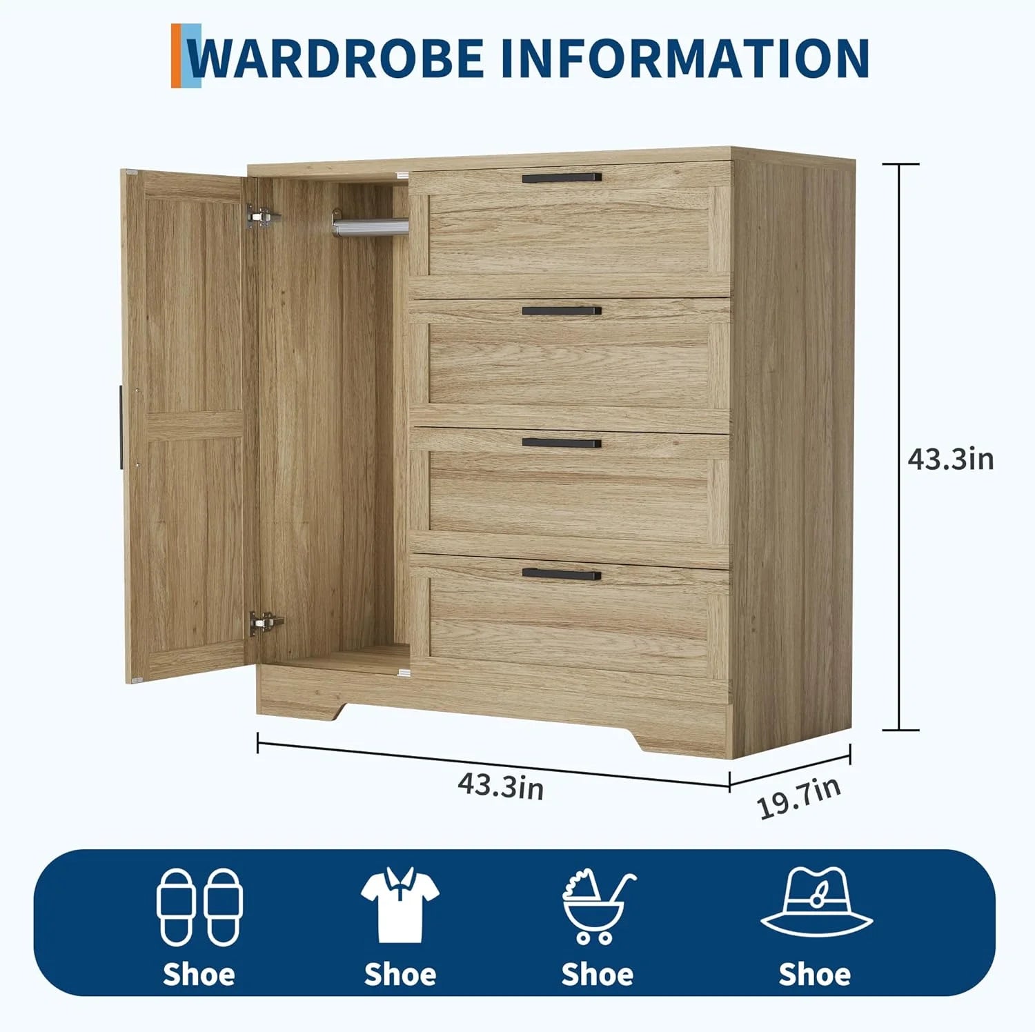 43.3 H Armoire Wardrobe Closet with 4 Drawers & Hanging Rod. Multifunctional Wood Storage Cabinet for Bedroom. Natural Oak