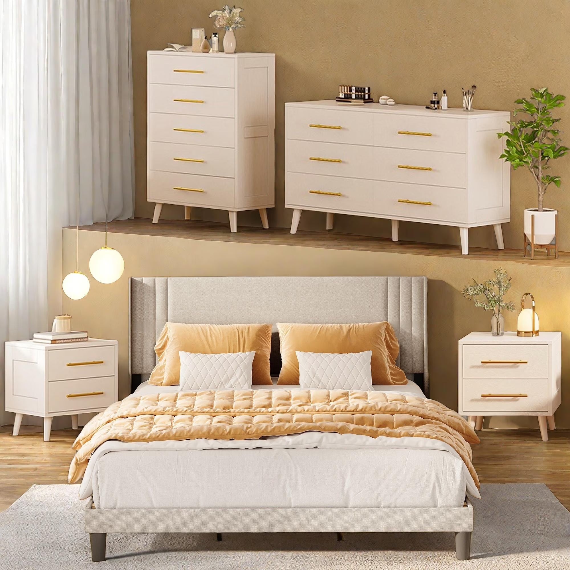 Bedroom Furniture Set - Includes Queen Bed Frame. Nightstands Set of 2. 5-Drawer Dresser & Double Wide 6-Drawer Dresser - Modern Storage Solution for Stylish Home Decor. Black