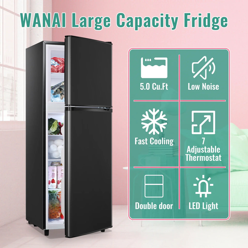 WANAI 5.0 Cu.ft Mini Refrigerator with Freezer 7 Settings Temp Adjustable Large Compact Fridge Silver
