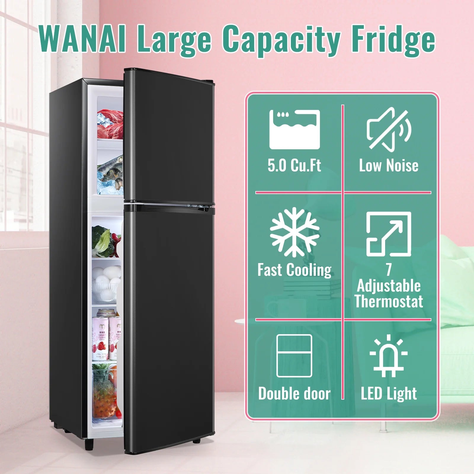 WANAI 5.0 Cu.ft Mini Refrigerator with Freezer 7 Settings Temp Adjustable Large Compact Fridge Silver