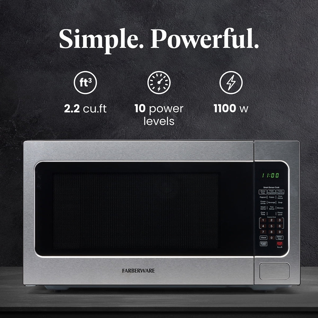 Farberware Countertop Microwave Ov 1100 Watts. 2.2 cu ft - Smart Sensor With LED Lighting and Child Lock - Perfect for Apartments and Dorms - Easy Clean Black Interior. Stainless Steel