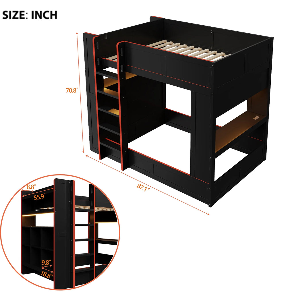 Euroco Wood Full Size Loft Bed with Desk and Shelves. Gaming Bunk Bed with LED Light and USB Charging. Black