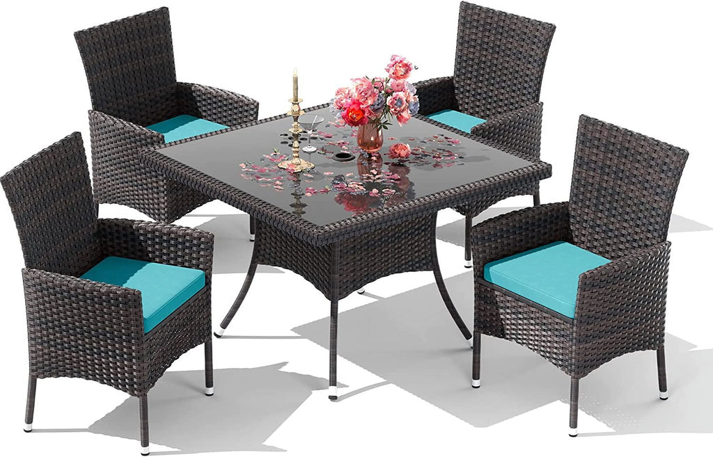 ALAULM 5 Pieces Patio Dining Set Outdoor Rattan Furniture with Square Glass Tabletop 4 Chairs with Cushions for Patio. Backyard Outdoor Kitchen Lawn & Garden Blue