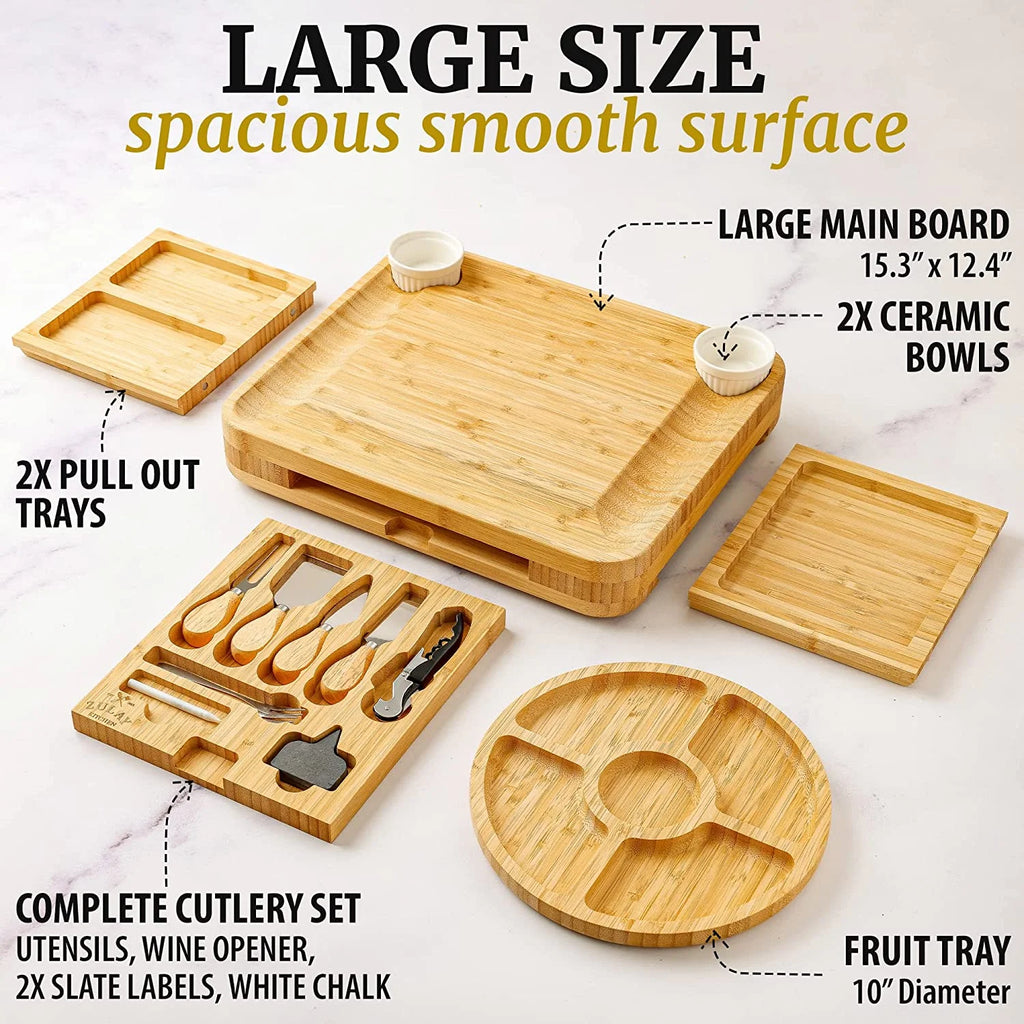 Zulay Kitchen Bamboo Cheese Board Set Extra Thick Charcuterie Board 15 Piece - Deluxe Set
