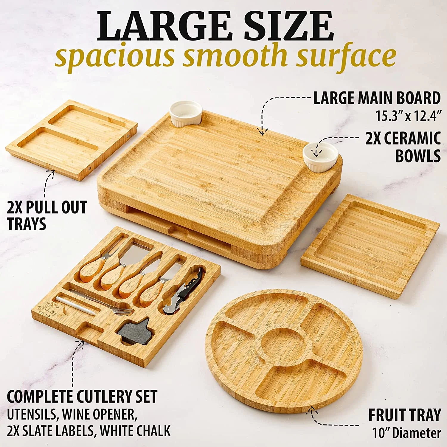 Zulay Kitchen Bamboo Cheese Board Set Extra Thick Charcuterie Board 15 Piece - Deluxe Set