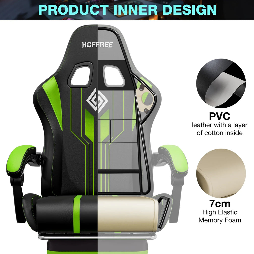 HOFFREE Big and Tall Gaming Chair with Speakers and RGB Lights. Gamer Chair with Footrest. Lumbar Support Height Adjustable 360-Swivel Seat and Headrest for Adults. 400lbs