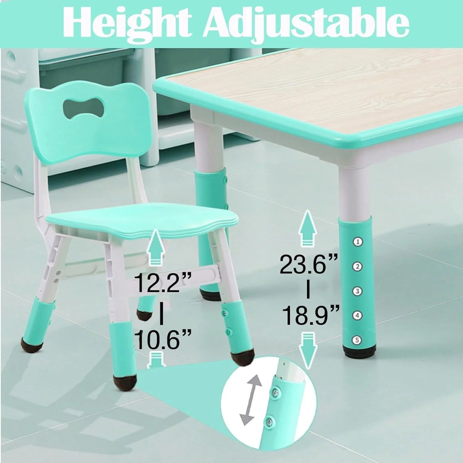 TROPOW Kids Table and Chairs.Height Adjustable Toddler Table and 6 Chair.Multi-Activity Table with Graffiti Desktop Non-Slip Legs for Ages 2-10.Children Activity Table for Daycare.Classroom.Blue