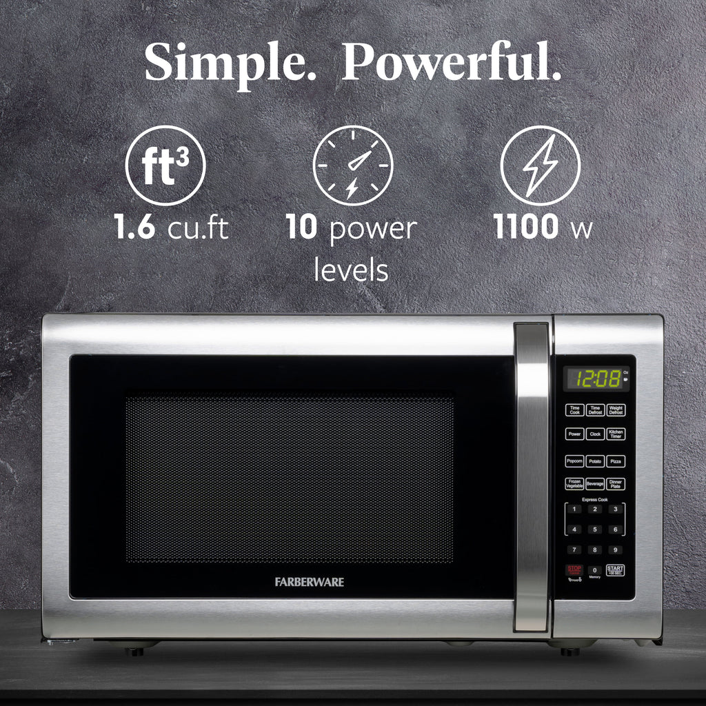 Farberware Countertop Microwave Ov 1100 Watts. 2.2 cu ft - Smart Sensor With LED Lighting and Child Lock - Perfect for Apartments and Dorms - Easy Clean Black Interior. Stainless Steel