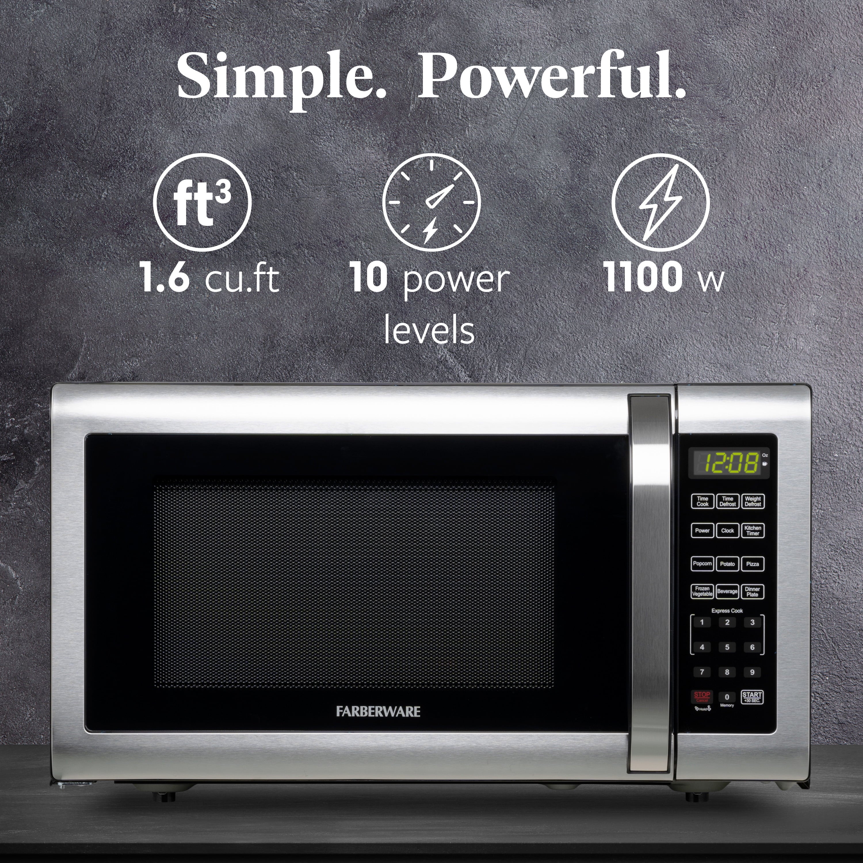 Farberware Countertop Microwave Ov 1100 Watts. 2.2 cu ft - Smart Sensor With LED Lighting and Child Lock - Perfect for Apartments and Dorms - Easy Clean Black Interior. Stainless Steel