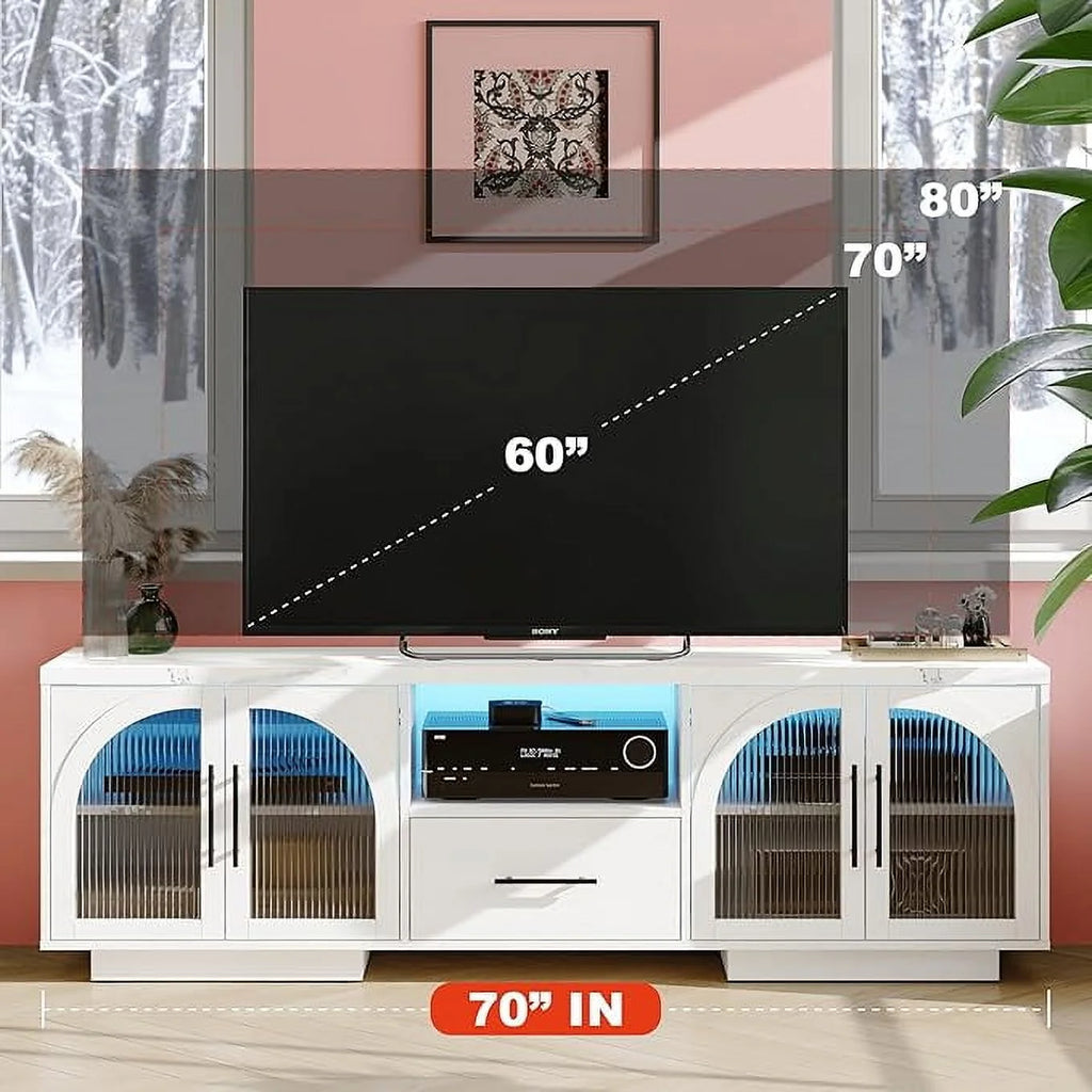 TV Stand for 75 inch TV. LED TV Stand for Living Room.70 Entertainment Center with Arched Glass Doors. Faux Marble Wood Finish Top. Adjustable Shelves. and LED Lighting. Black