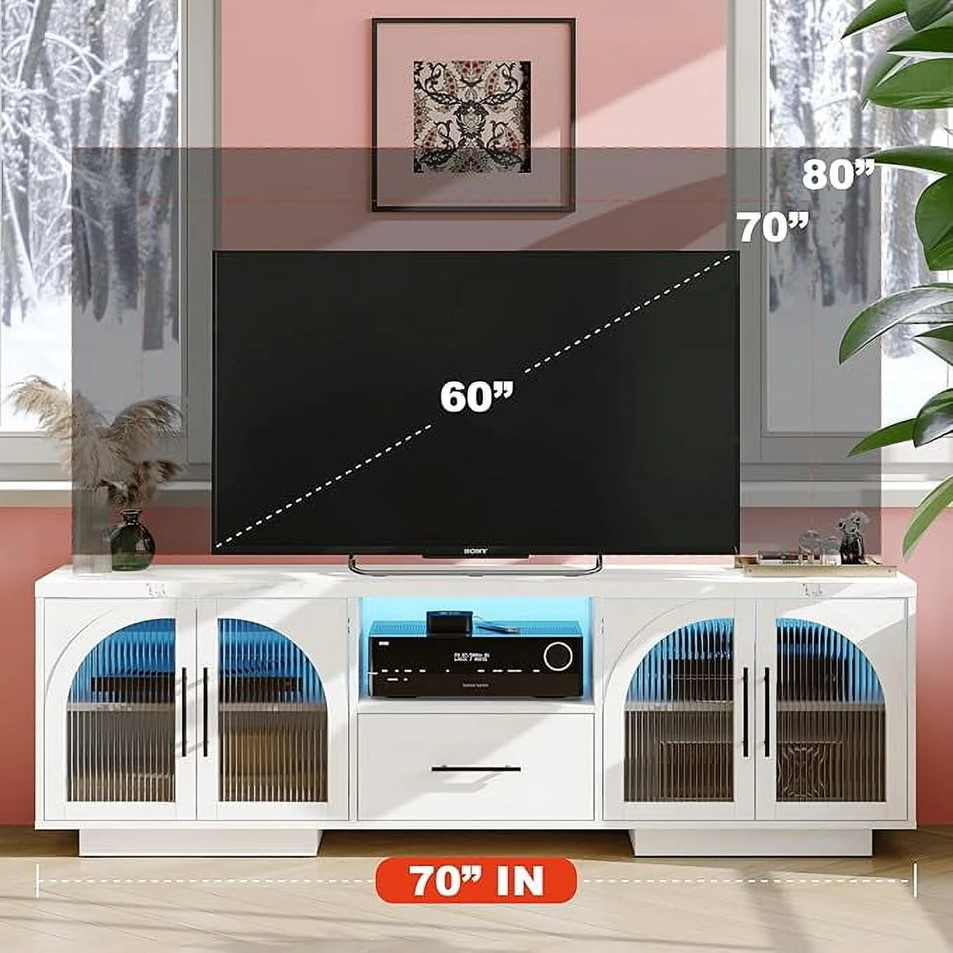 TV Stand for 75 inch TV. LED TV Stand for Living Room.70 Entertainment Center with Arched Glass Doors. Faux Marble Wood Finish Top. Adjustable Shelves. and LED Lighting. Black
