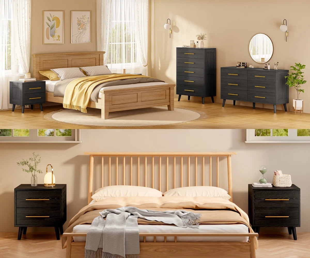Bedroom Furniture Set - Includes Queen Bed Frame. Nightstands Set of 2. 5-Drawer Dresser & Double Wide 6-Drawer Dresser - Modern Storage Solution for Stylish Home Decor. Black