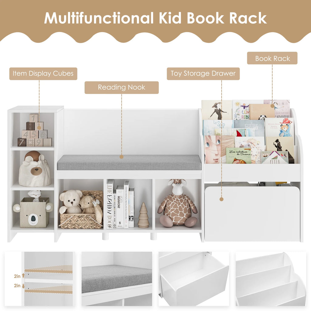 Homfa Kids Bookshelf with Reading Nook. 6 Shelf Bookcase with 1 Wood Toy Bin with 3 Tier Book Rack for Children Kidsroom