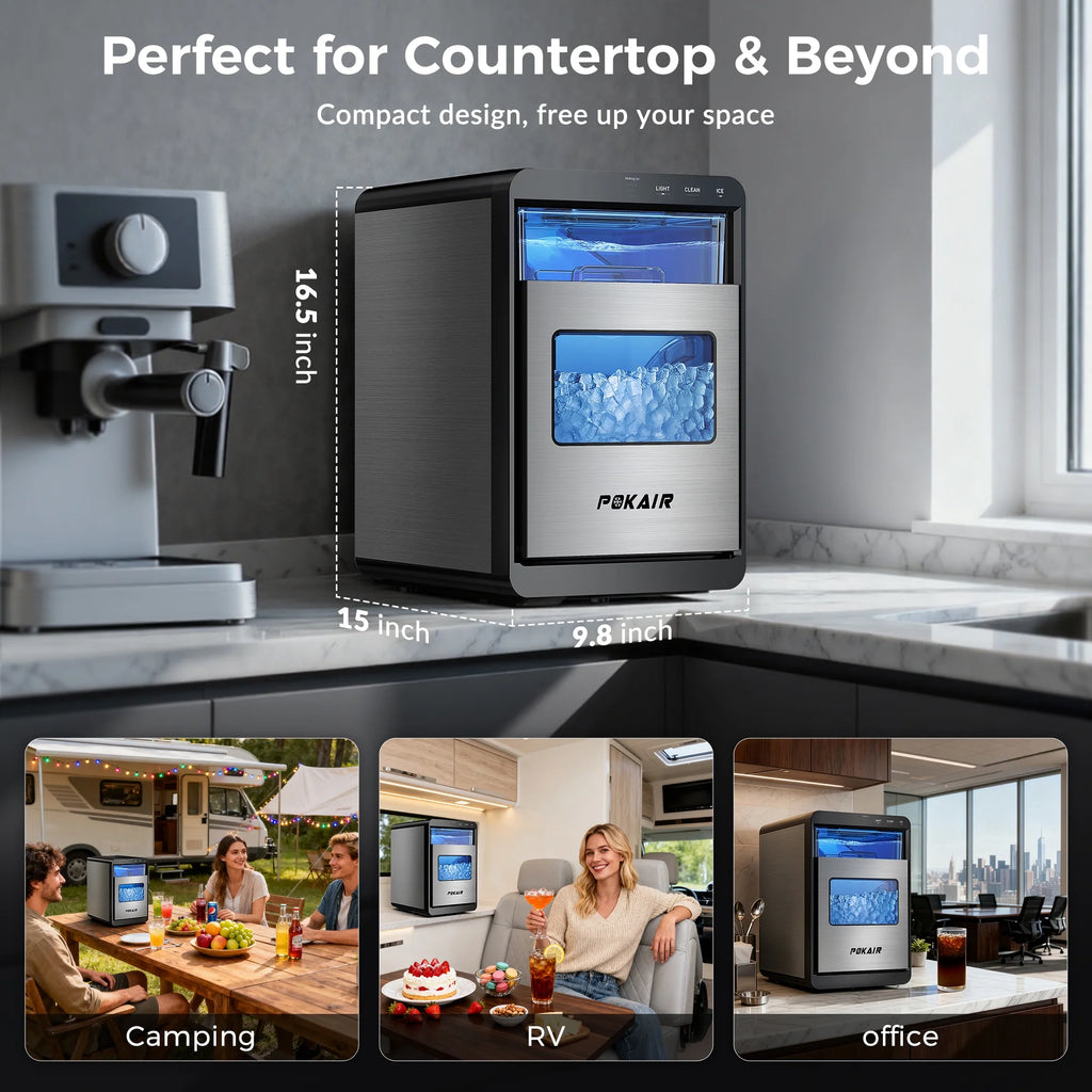 POKAIR Ice Maker. Nugget Ice Maker Portable Countertop 44lbs/Day. One-Touch Instant Ice & Self-Cleaning. Pebble Ice Machine for Home Office RV. Stainless Steel
