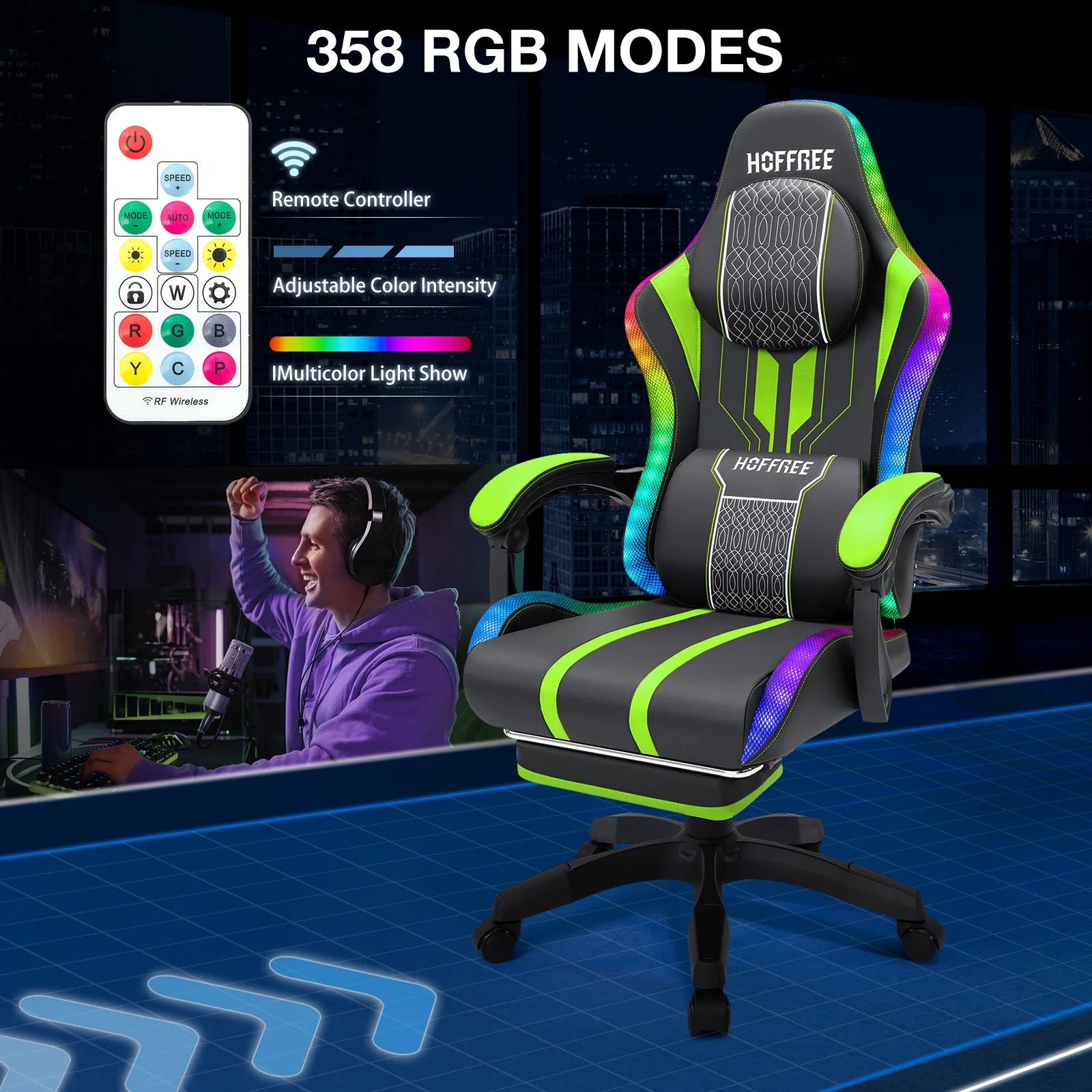 HOFFREE Big and Tall Gaming Chair with Speakers and RGB Lights. Gamer Chair with Footrest. Lumbar Support Height Adjustable 360-Swivel Seat and Headrest for Adults. 400lbs