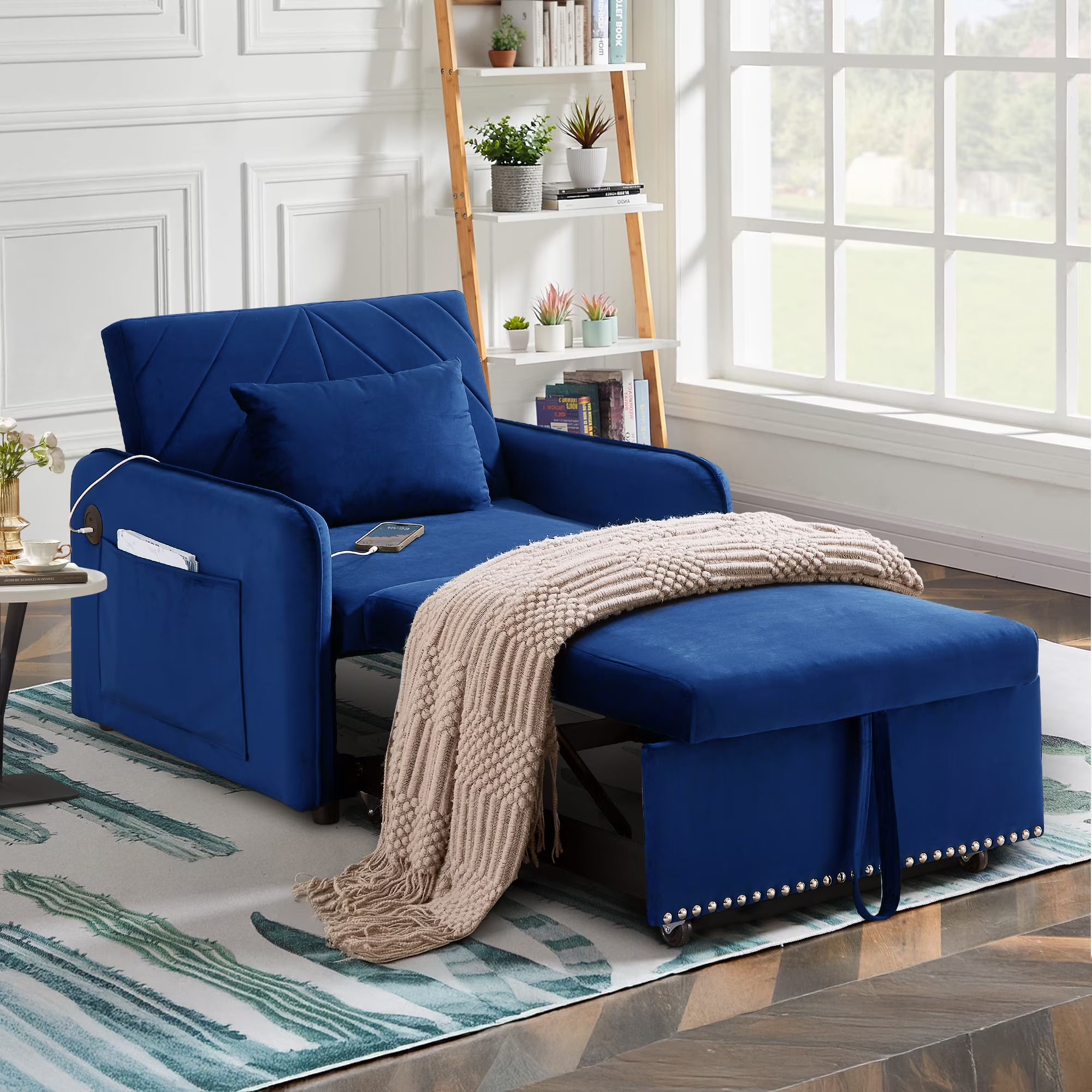 Lunale 3-in-1 Convertible Sleeper Chair Bed. Indoor Lounge Chair with USB/Type-C Charging Ports. Modern Recliner Sofa for Living Room. Gray Velvet