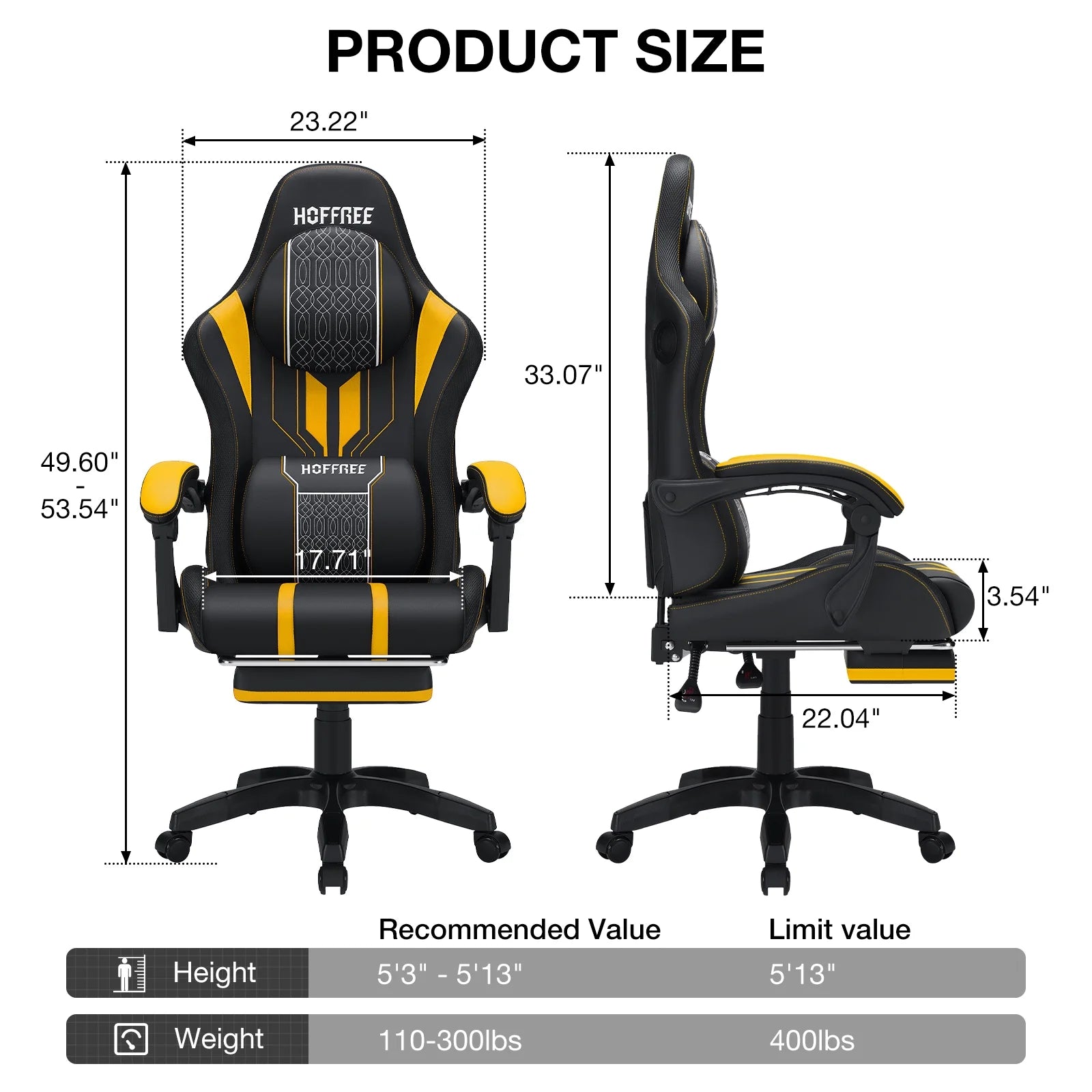 HOFFREE Big and Tall Gaming Chair with Speakers and RGB Lights. Gamer Chair with Footrest. Lumbar Support Height Adjustable 360-Swivel Seat and Headrest for Adults. 400lbs