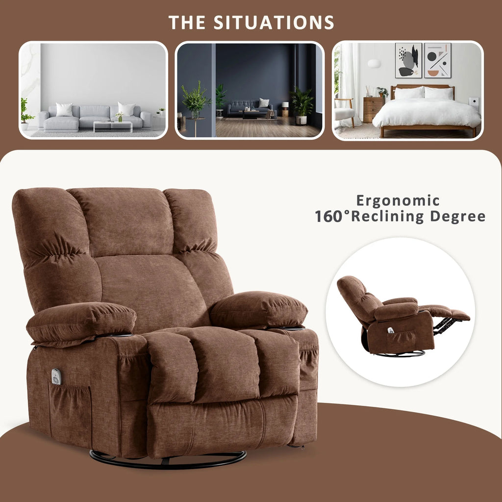 JONPONY Manual Recliner Chair with Heat Therapy and Massage Function. Heavy Duty Reclining Mechanism Massage Chair. Elderly Single Rocker Sofa with Cup Holders for Bedroom Home Theater.Grey