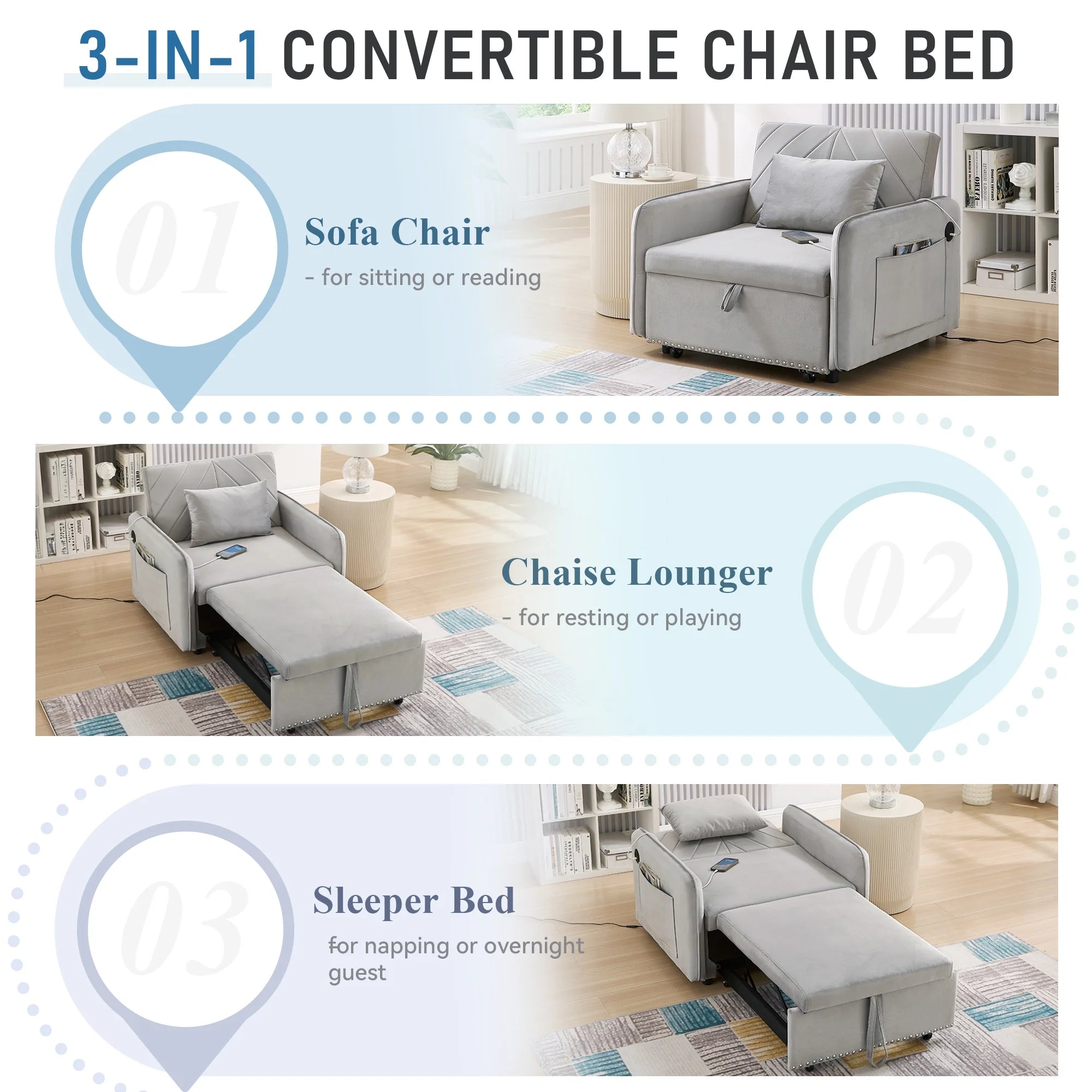 Lunale 3-in-1 Convertible Sleeper Chair Bed. Indoor Lounge Chair with USB/Type-C Charging Ports. Modern Recliner Sofa for Living Room. Gray Velvet