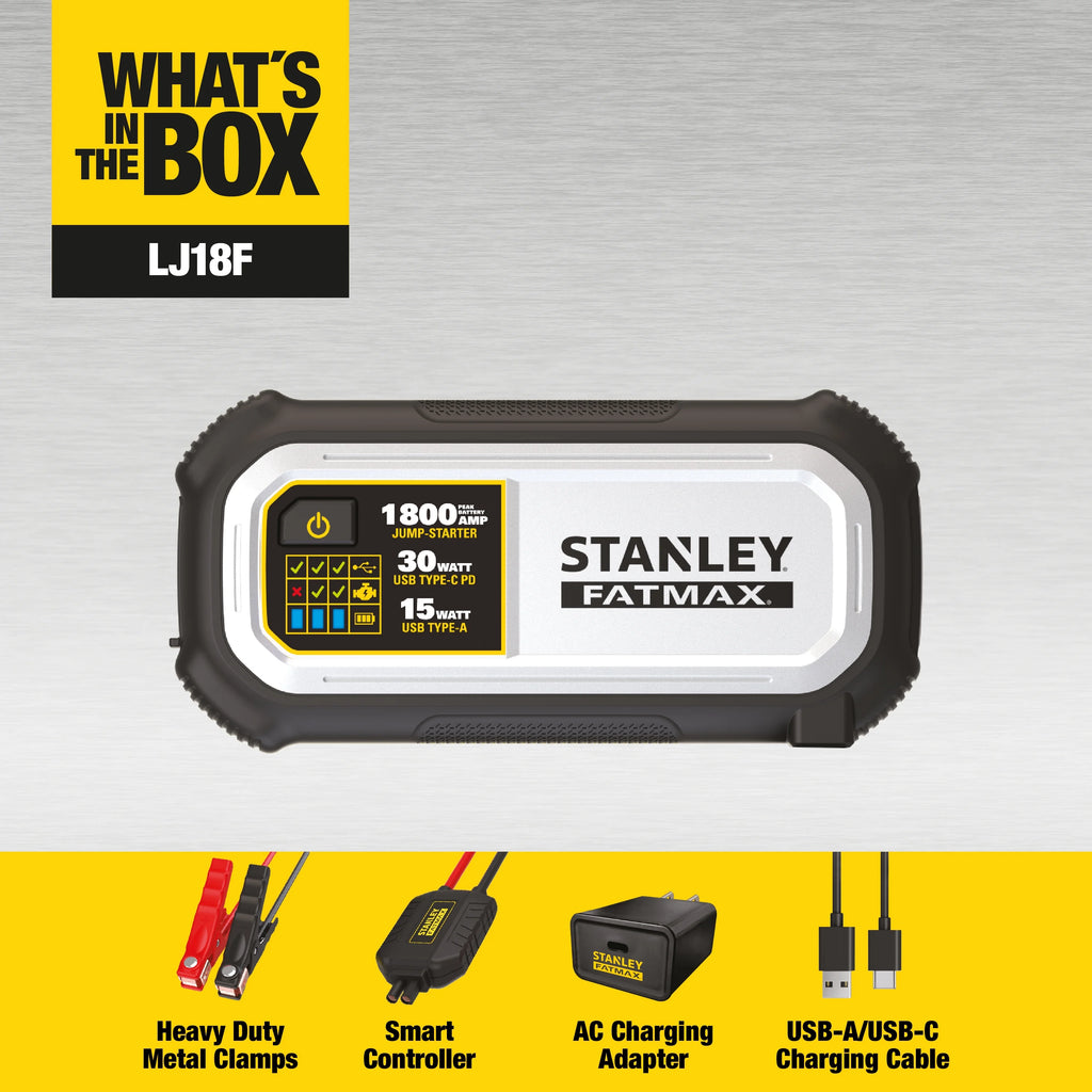 Stanley FatMax 1800A Lithium Jump Starter with 30W USB-C-PD In/Out and 15W USB-A Out. Includes Clamps