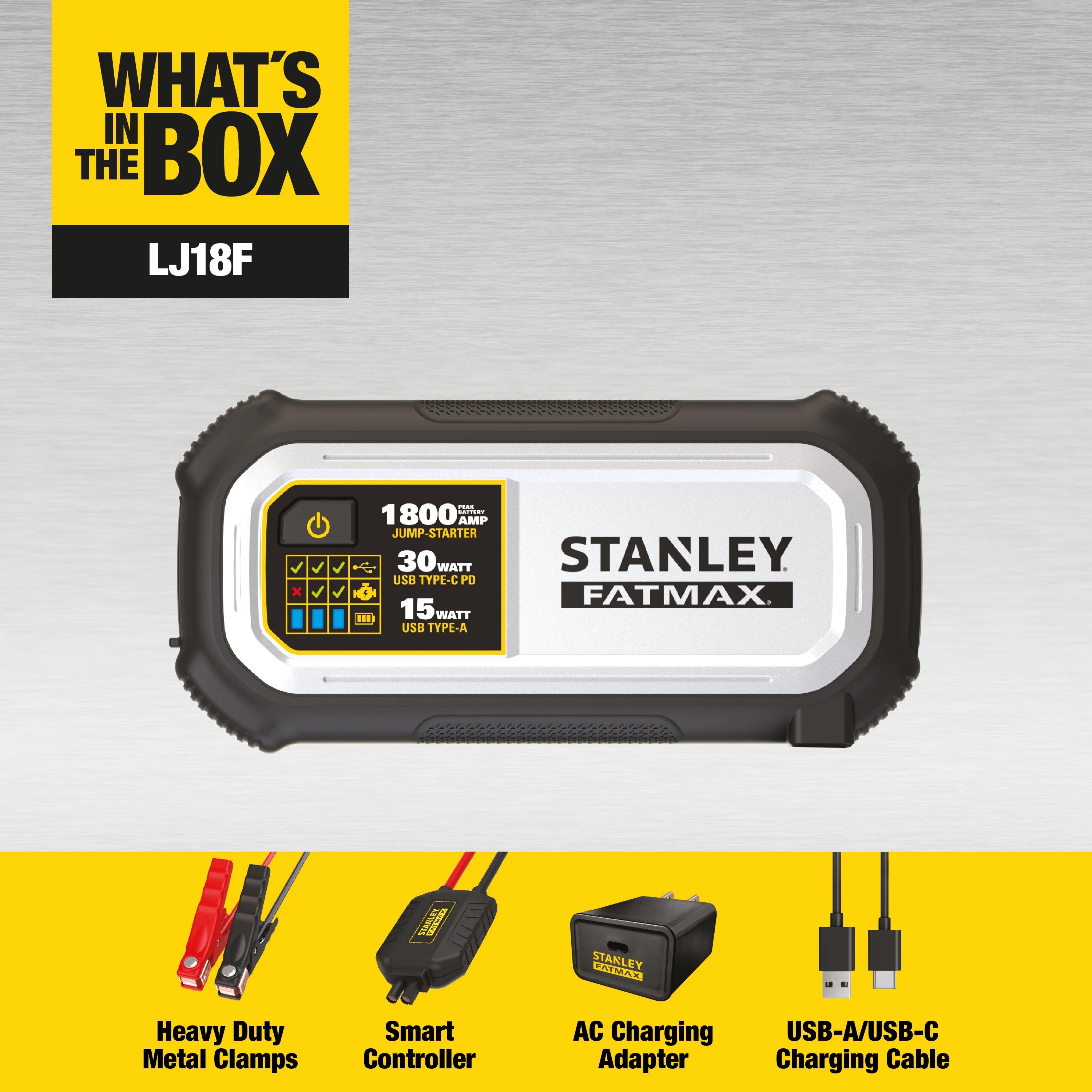 Stanley FatMax 1800A Lithium Jump Starter with 30W USB-C-PD In/Out and 15W USB-A Out. Includes Clamps