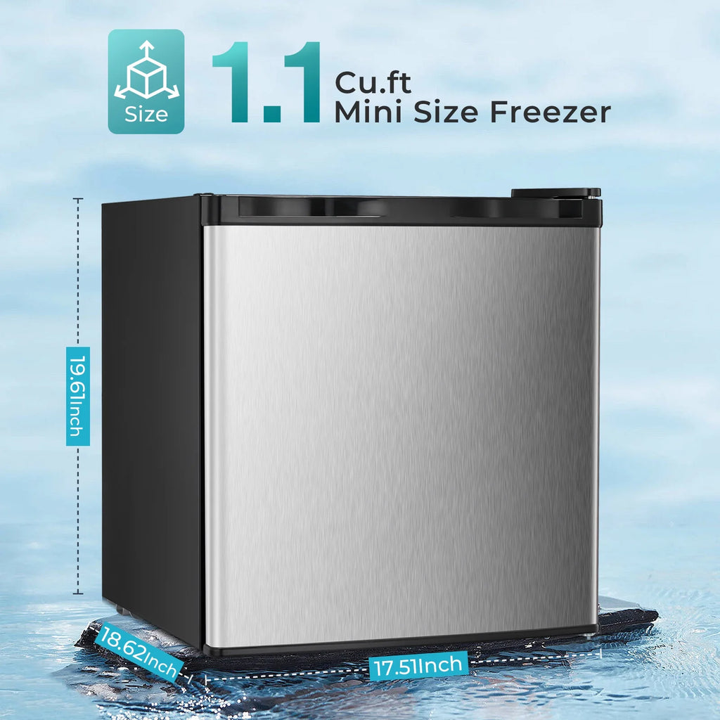 WAA Mini Freezer.1.1 Cu.ft Upright Freezer with Reversible Single Door.Removable Shelves.Small Freezer with Adjustable Thermostat for Home/Kitchen/Office (White)