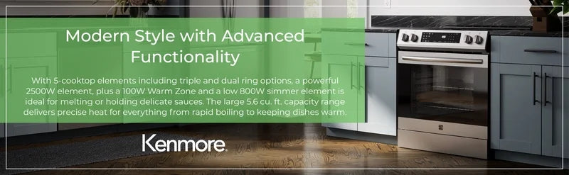 Kenmore 22-96843 5.6 cu. ft. Front-Control 5 Element Electric Range Stove with and Dual Ring Elements. Self-Clean Oven. Precision Set Controls