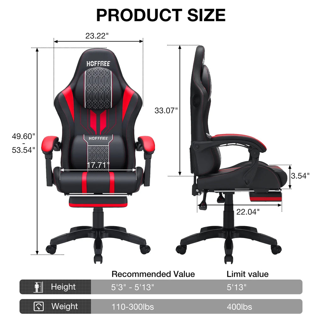 HOFFREE Big and Tall Gaming Chair with Speakers and RGB Lights. Gamer Chair with Footrest. Lumbar Support Height Adjustable 360-Swivel Seat and Headrest for Adults. 400lbs