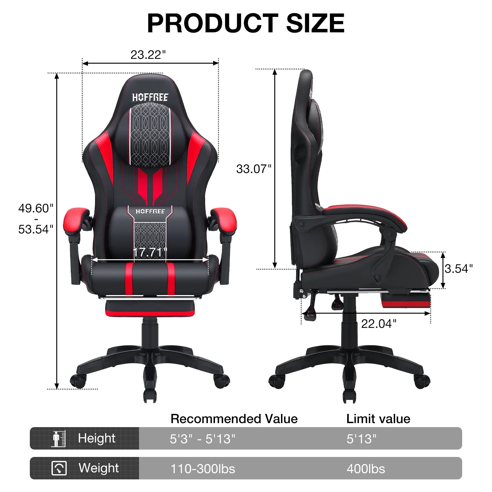HOFFREE Big and Tall Gaming Chair with Speakers and RGB Lights. Gamer Chair with Footrest. Lumbar Support Height Adjustable 360-Swivel Seat and Headrest for Adults. 400lbs