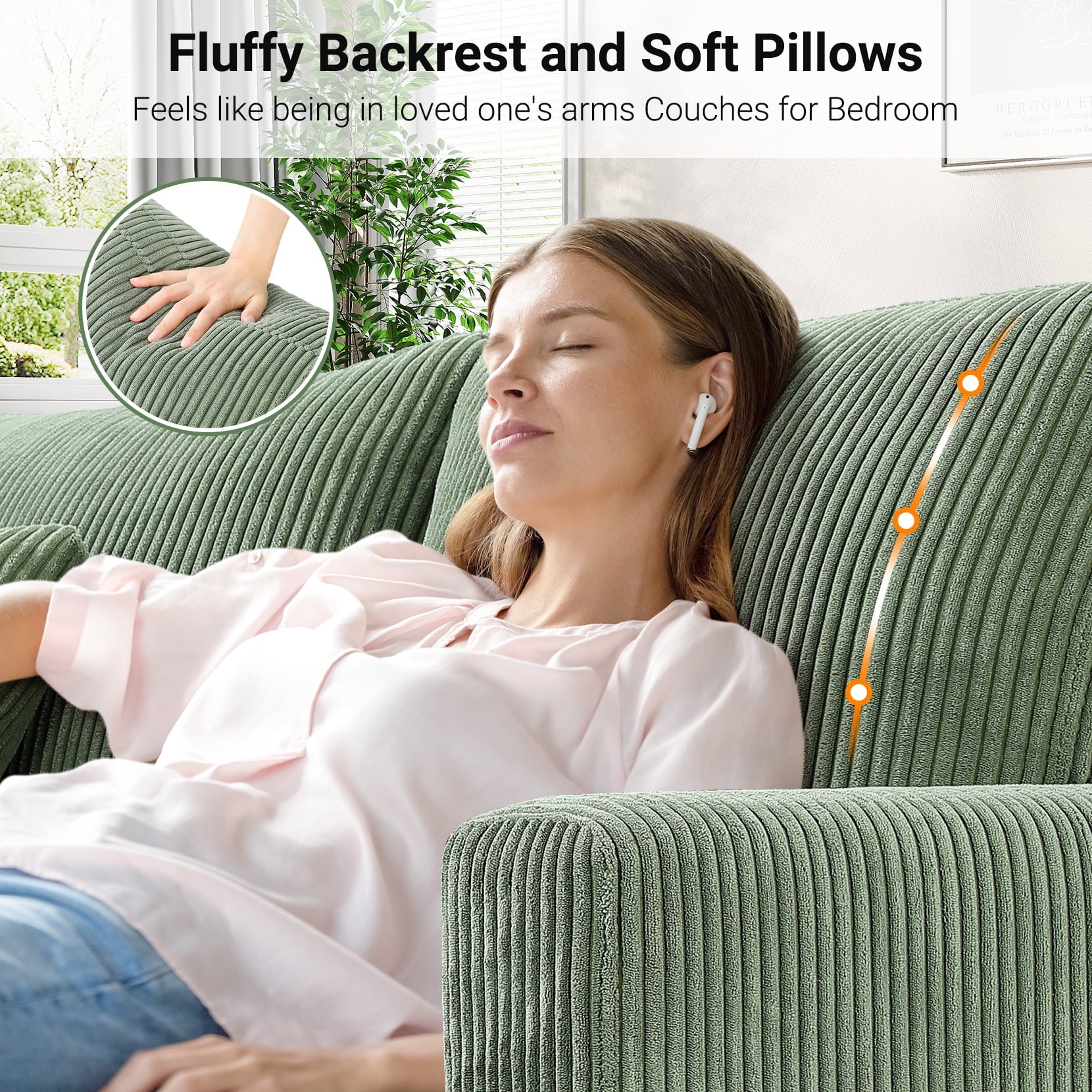 87 Corduroy Sofa.3 Seater Sofa with Extra Deep Seats.Neche Comfy Upholstered Couch for Living Room.2 Pillows.Green