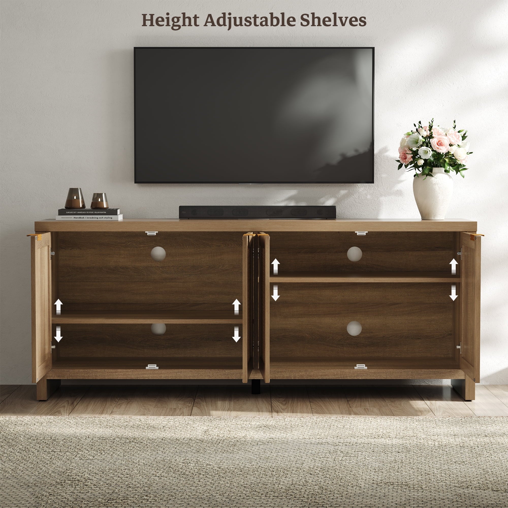 SICOTAS 61.5W Rattan TV Stand with 4 Doors. Boho Entertainment Center with Adjustable Shelves & Spacious Countertop �C Large Boho Farmhouse Media Console for Living Room. Reclaimed Caramel Oak