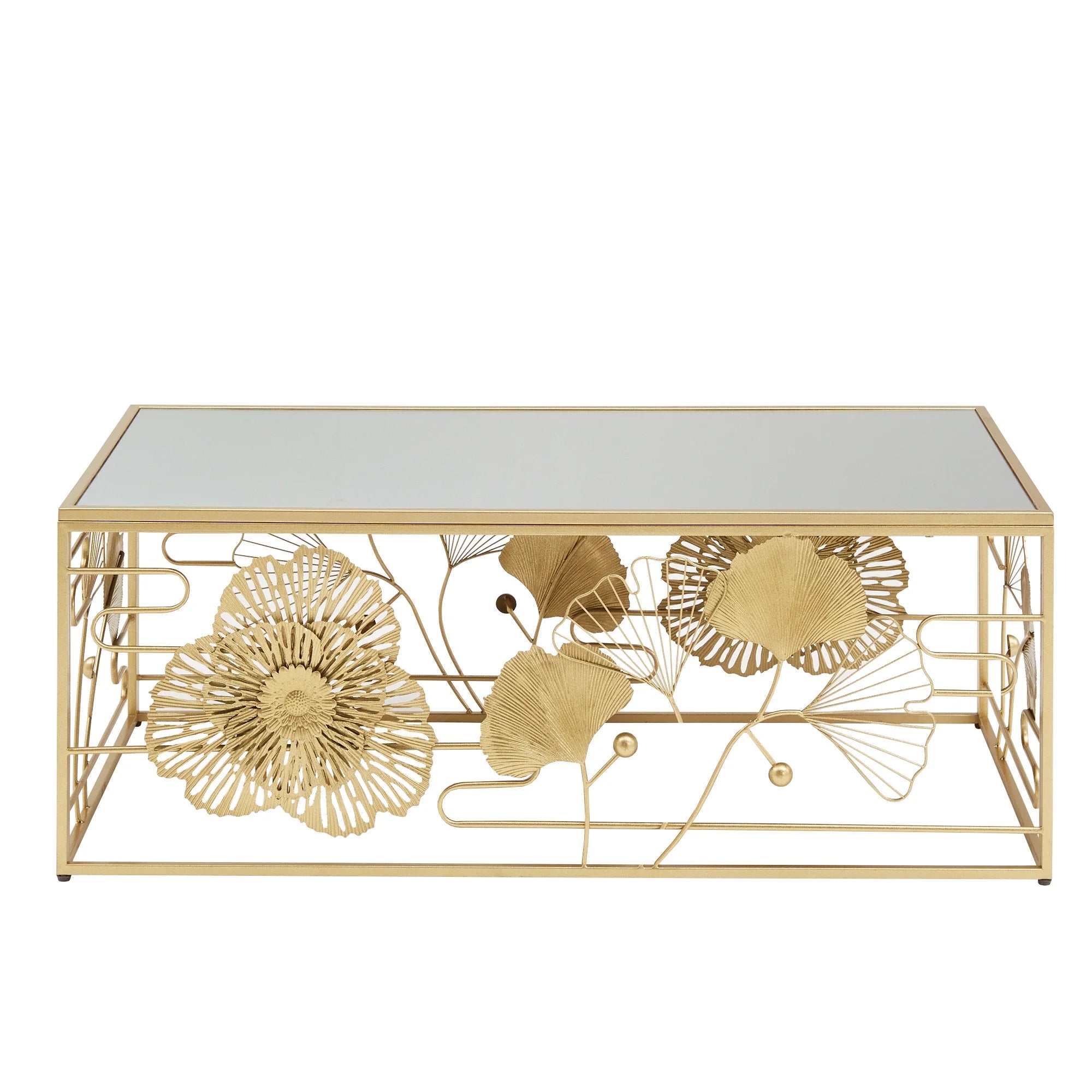 Weston Home Ditmas Glam Peony and Ginkgo Rectangular Coffee Table with Mirror Top. Gold