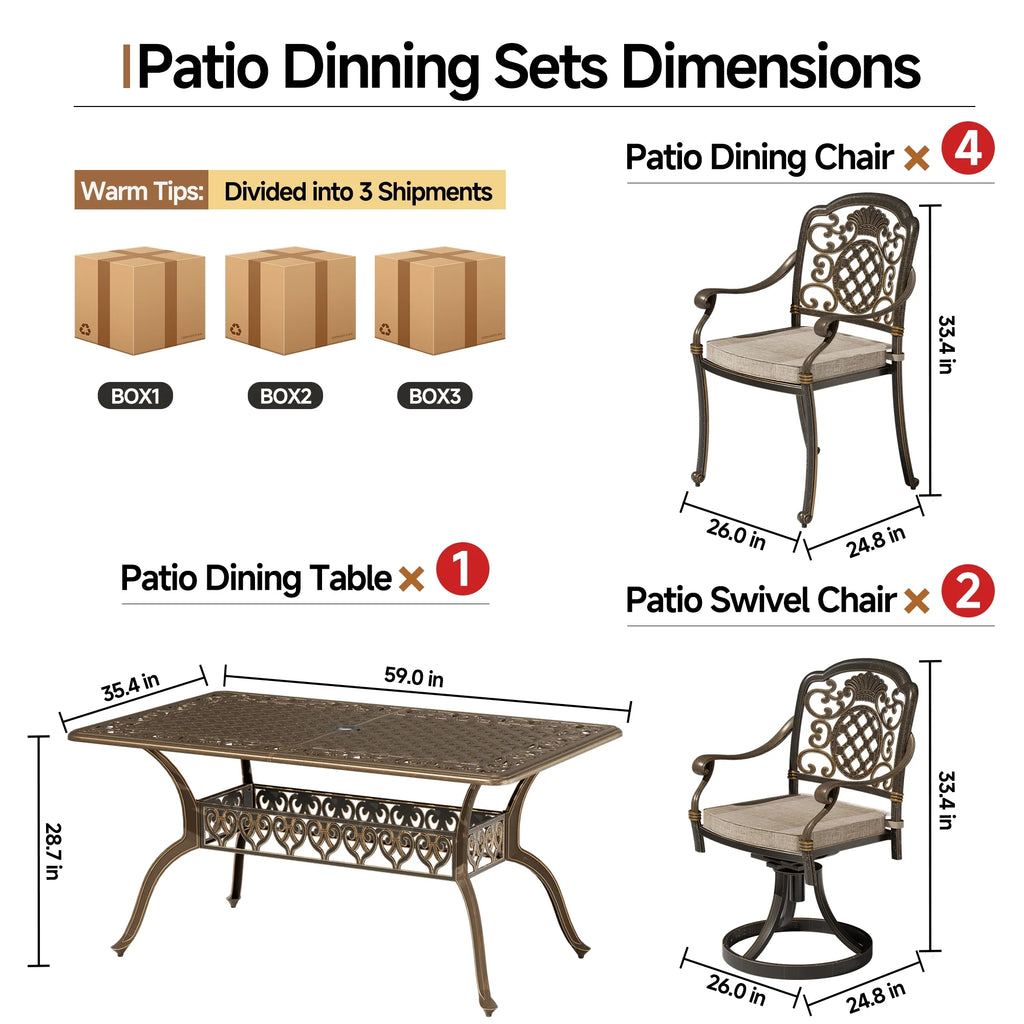 7-Piece Patio Furniture Dining Set. All-Weather Cast Aluminum Outdoor Table and Chairs for 6. Includes 4 Dining Chair & 2 Swivel Chairs & 60���� Rectangular Table. Beige