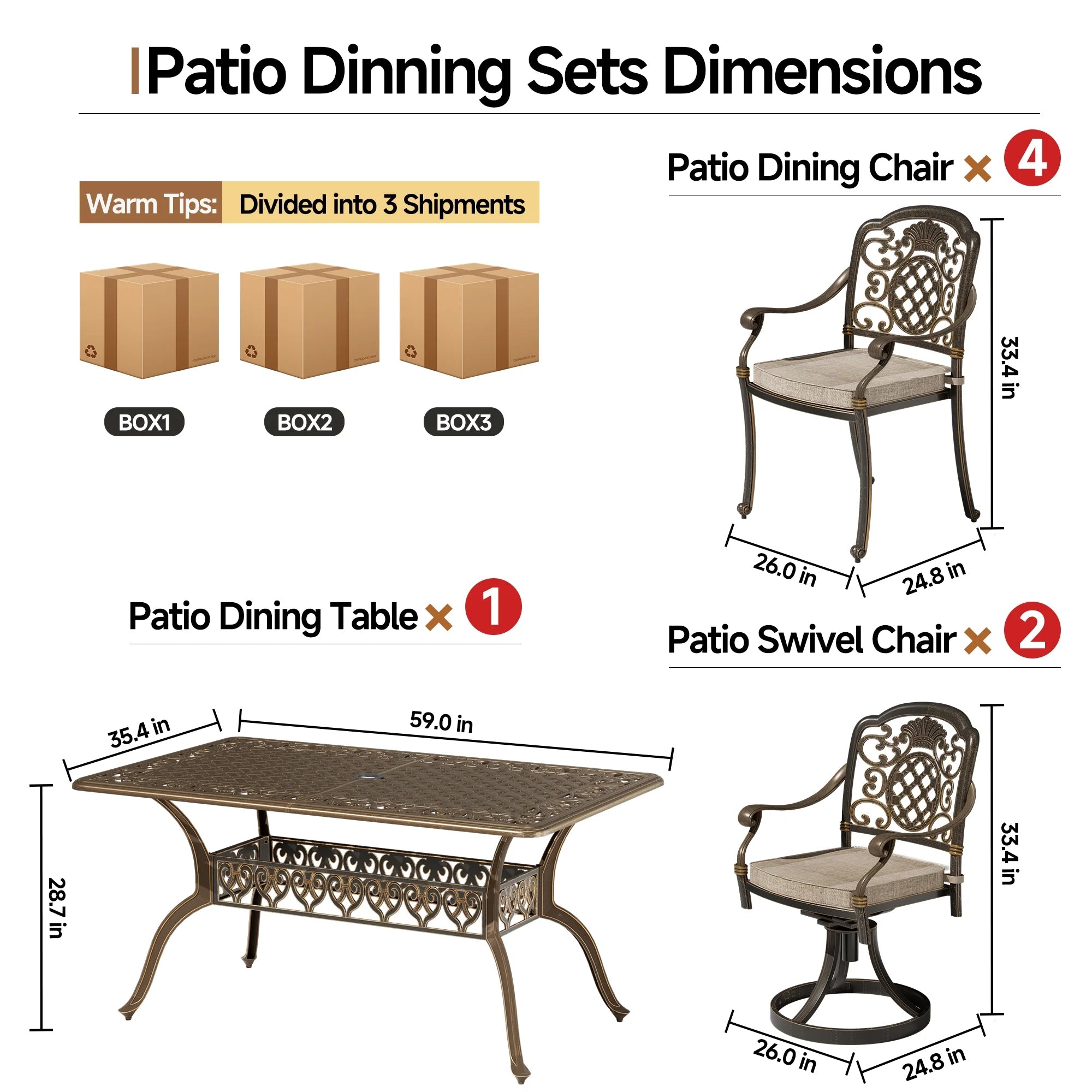 7-Piece Patio Furniture Dining Set. All-Weather Cast Aluminum Outdoor Table and Chairs for 6. Includes 4 Dining Chair & 2 Swivel Chairs & 60���� Rectangular Table. Beige