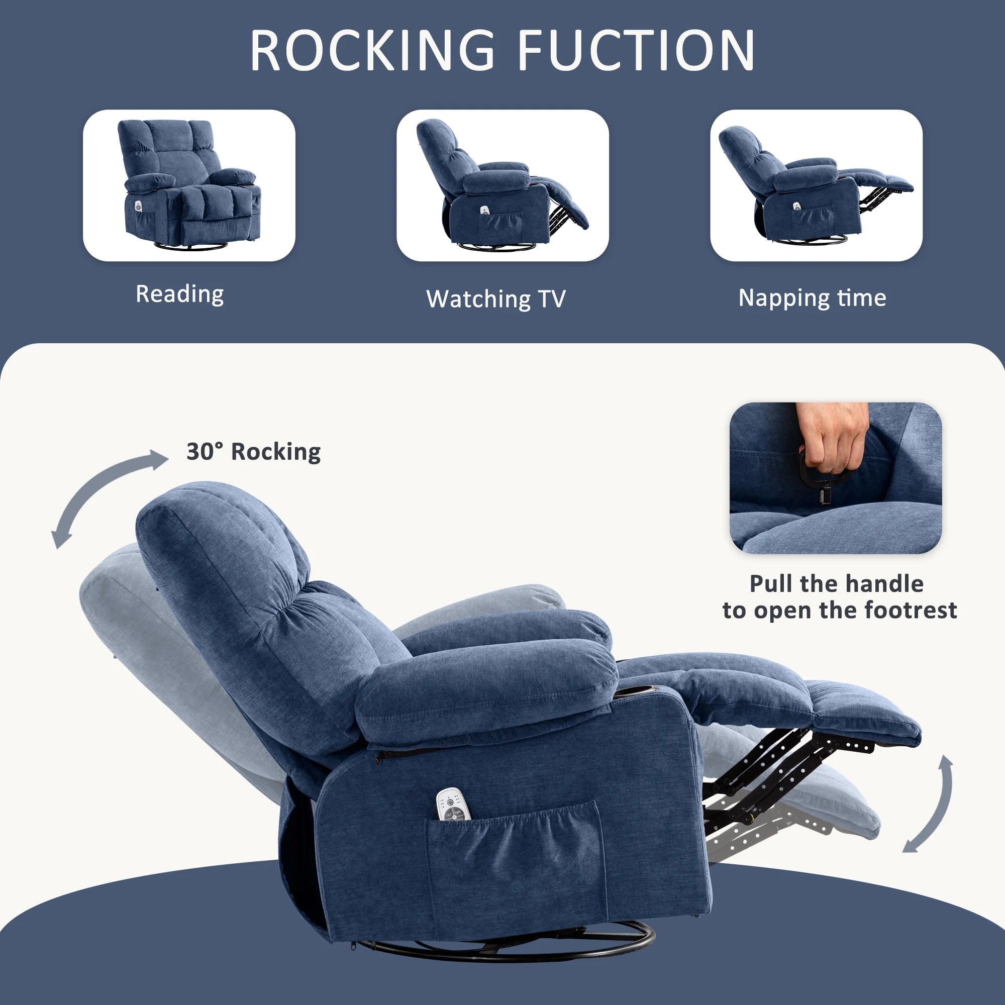 JONPONY Manual Recliner Chair with Heat Therapy and Massage Function. Heavy Duty Reclining Mechanism Massage Chair. Elderly Single Rocker Sofa with Cup Holders for Bedroom Home Theater.Grey
