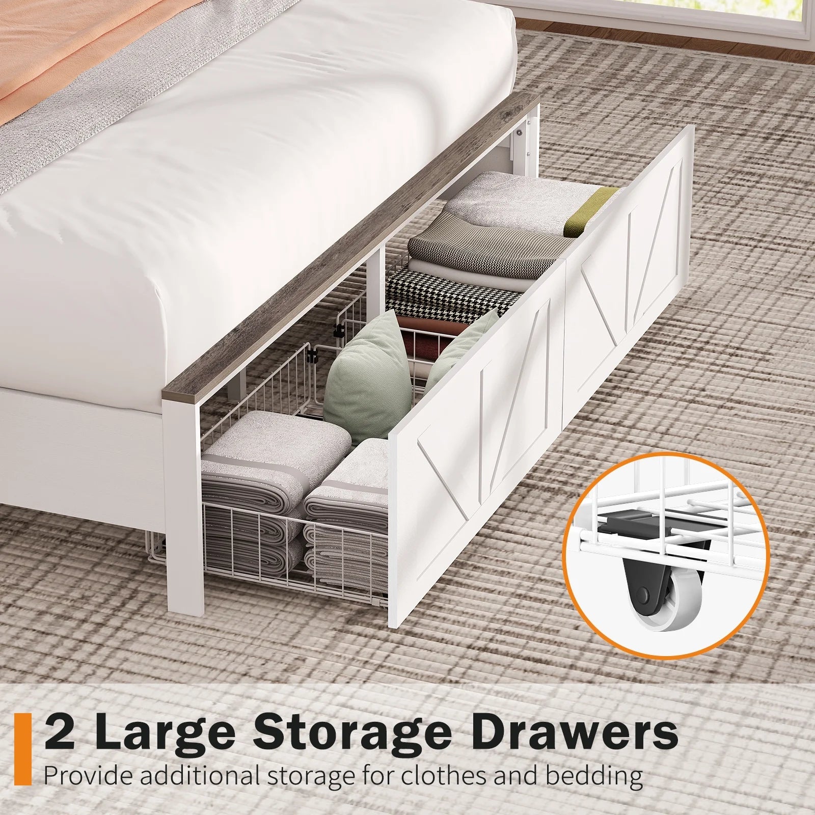 Full Size Bed Frame with Headboard. Full Bed Frame with Charging Station. LED Beds with 2 Storage Drawers.  Wood Farmhouse Bedframe. White