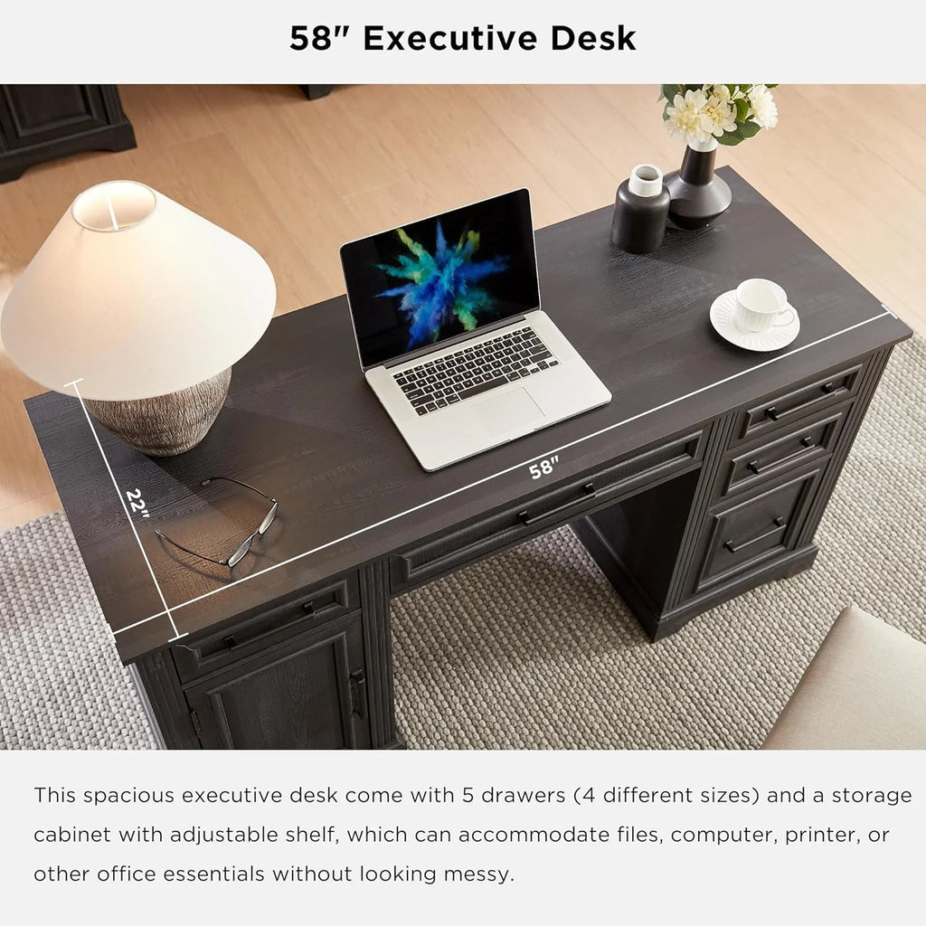 T4TREAM Farmhouse Wood 58 Executive Desk. Home Office 30 High Computer Desk with Drawers and Storage Cabinet. White