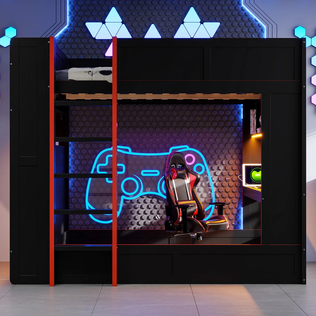 Euroco Wood Full Size Loft Bed with Desk and Shelves. Gaming Bunk Bed with LED Light and USB Charging. Black