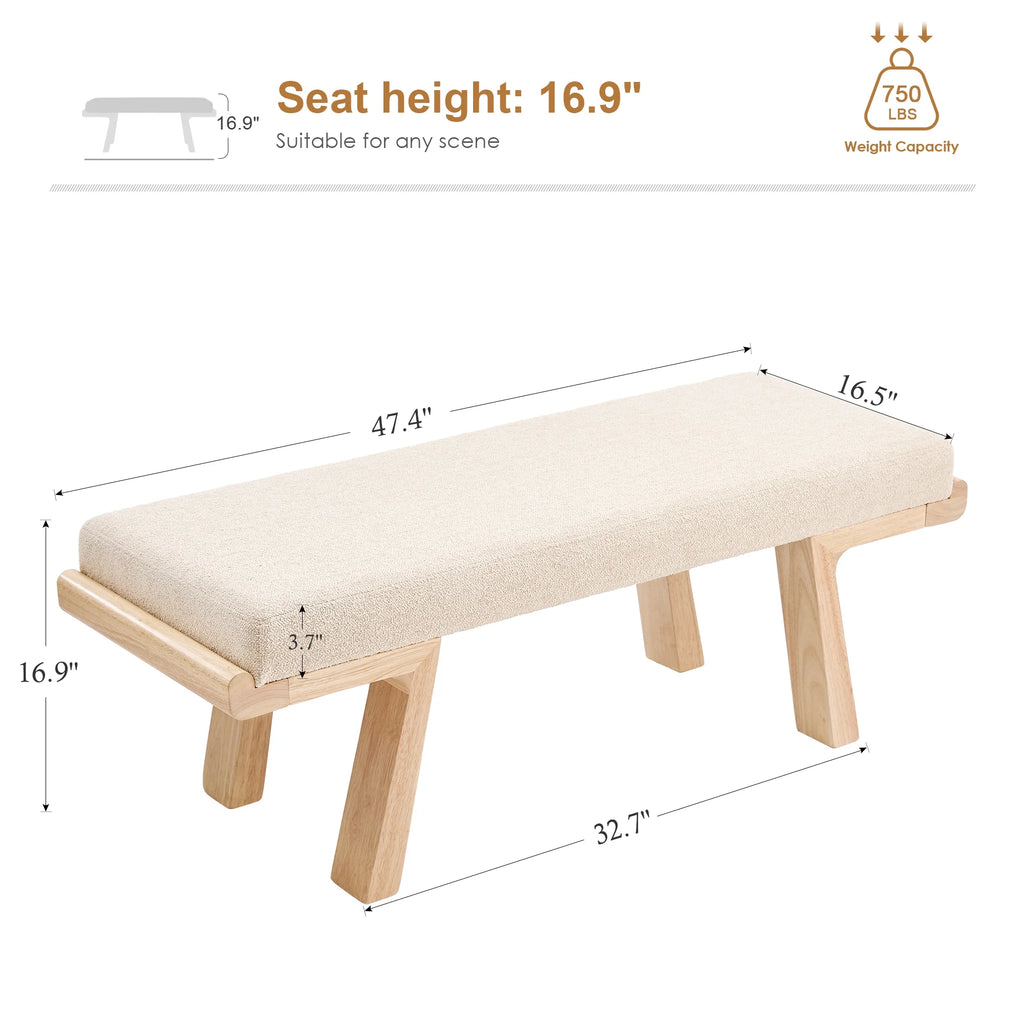 Zesthouse 47.4 Linen Upholstered Bench. Entryway Bench with Solid Wood Legs. Modern Ottoman Bench for Living Bedroom Room. Beige