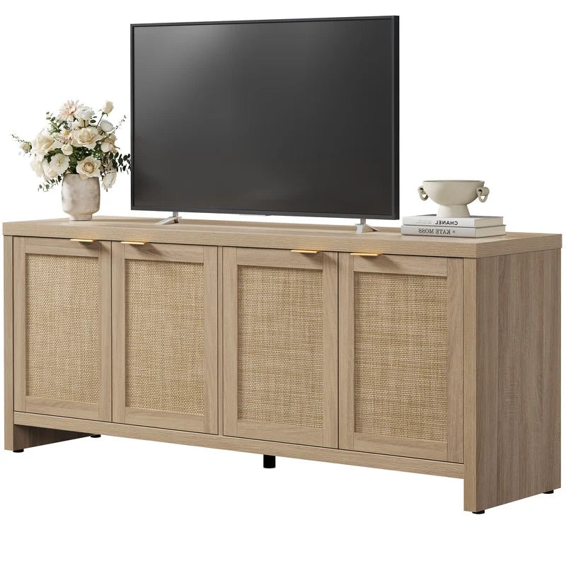 SICOTAS 61.5W Rattan TV Stand with 4 Doors. Boho Entertainment Center with Adjustable Shelves & Spacious Countertop �C Large Boho Farmhouse Media Console for Living Room. Reclaimed Caramel Oak