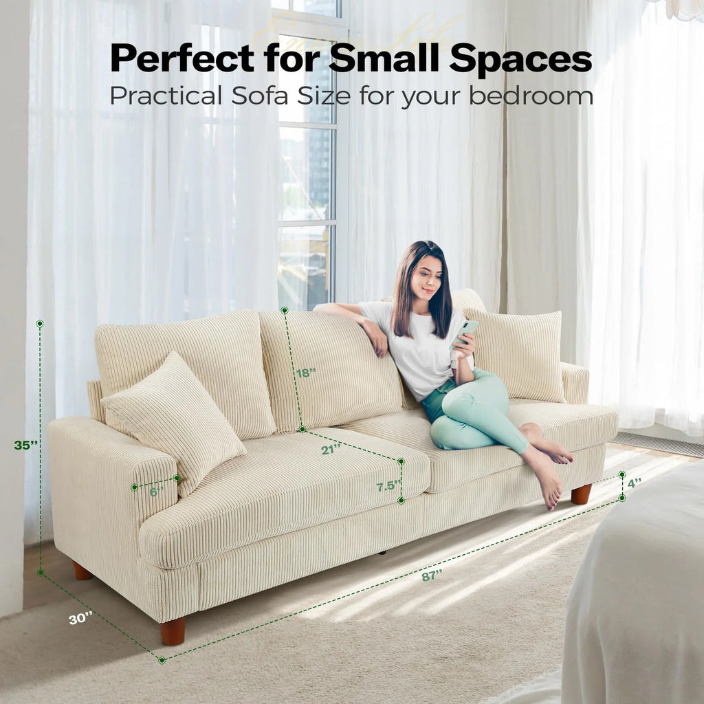 87 Corduroy Sofa.3 Seater Sofa with Extra Deep Seats.Neche Comfy Upholstered Couch for Living Room.2 Pillows.Green