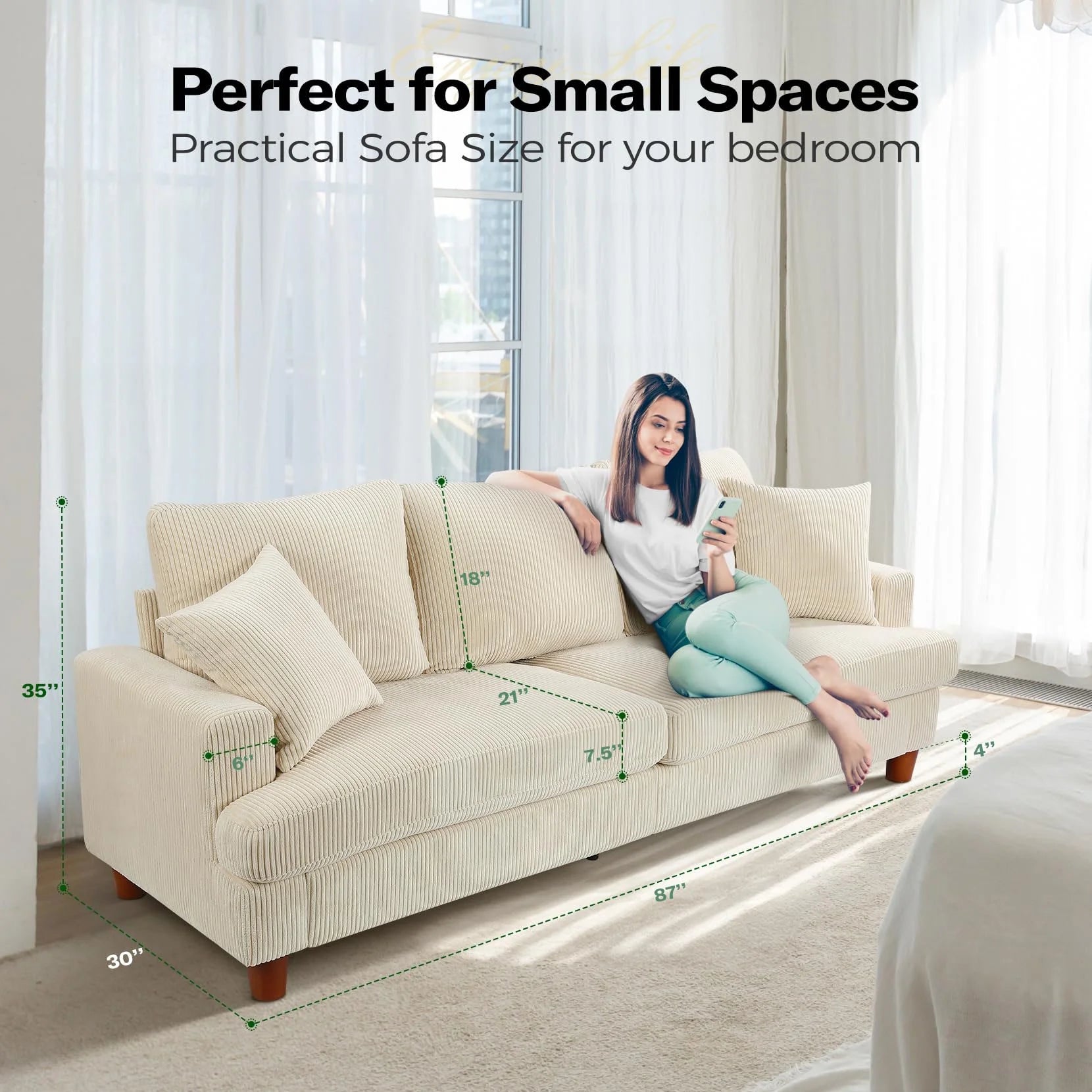 87 Corduroy Sofa.3 Seater Sofa with Extra Deep Seats.Neche Comfy Upholstered Couch for Living Room.2 Pillows.Green