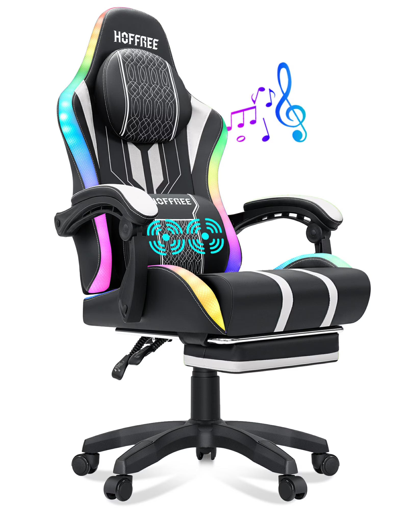 HOFFREE Big and Tall Gaming Chair with Speakers and RGB Lights. Gamer Chair with Footrest. Lumbar Support Height Adjustable 360-Swivel Seat and Headrest for Adults. 400lbs