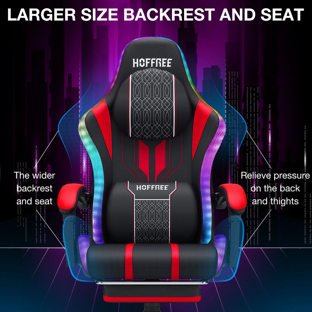 HOFFREE Big and Tall Gaming Chair with Speakers and RGB Lights. Gamer Chair with Footrest. Lumbar Support Height Adjustable 360-Swivel Seat and Headrest for Adults. 400lbs