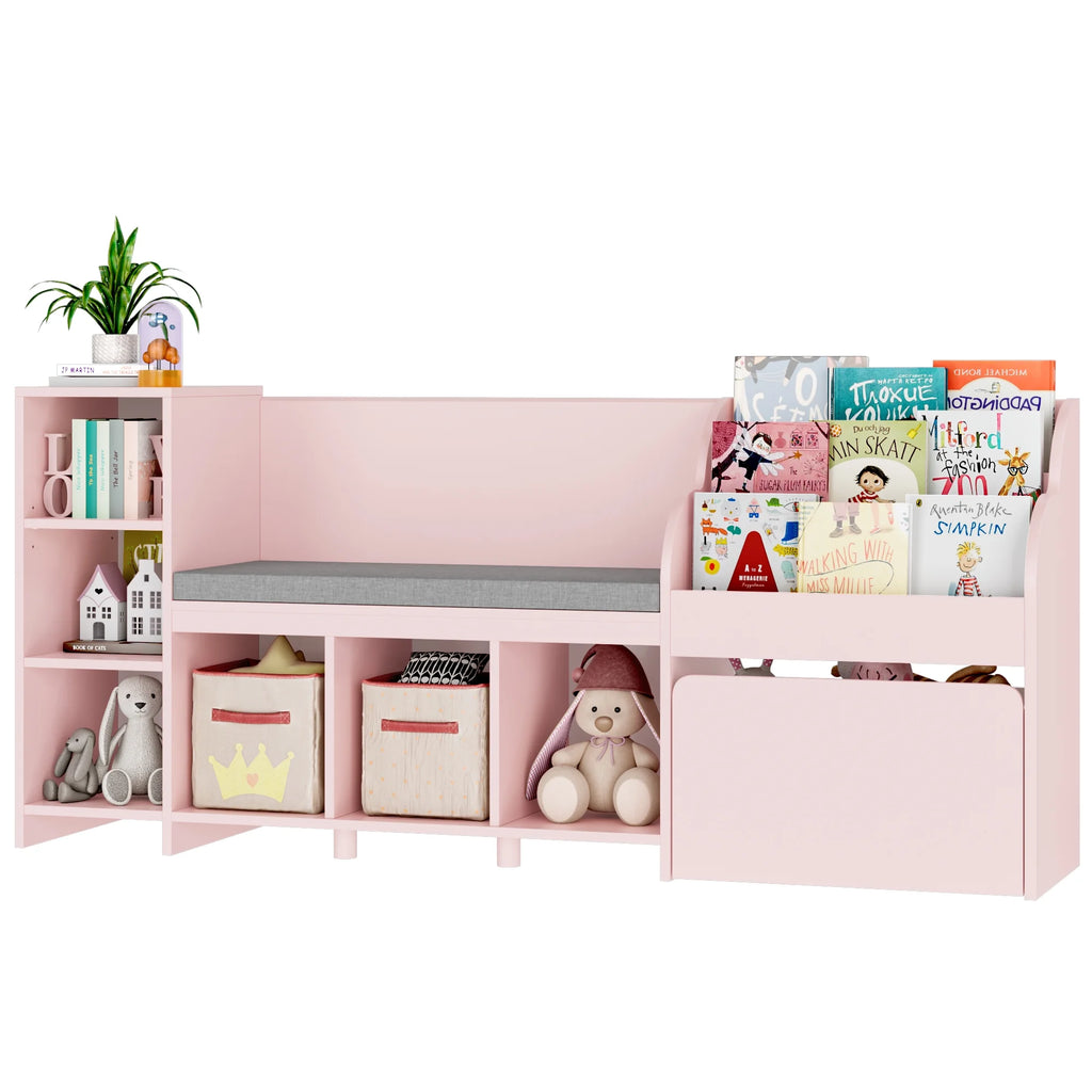 Homfa Kids Bookshelf with Reading Nook. 6 Shelf Bookcase with 1 Wood Toy Bin with 3 Tier Book Rack for Children Kidsroom