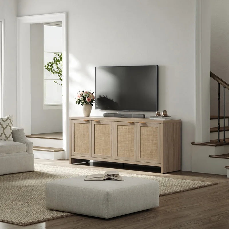 SICOTAS 61.5W Rattan TV Stand with 4 Doors. Boho Entertainment Center with Adjustable Shelves & Spacious Countertop �C Large Boho Farmhouse Media Console for Living Room. Reclaimed Caramel Oak