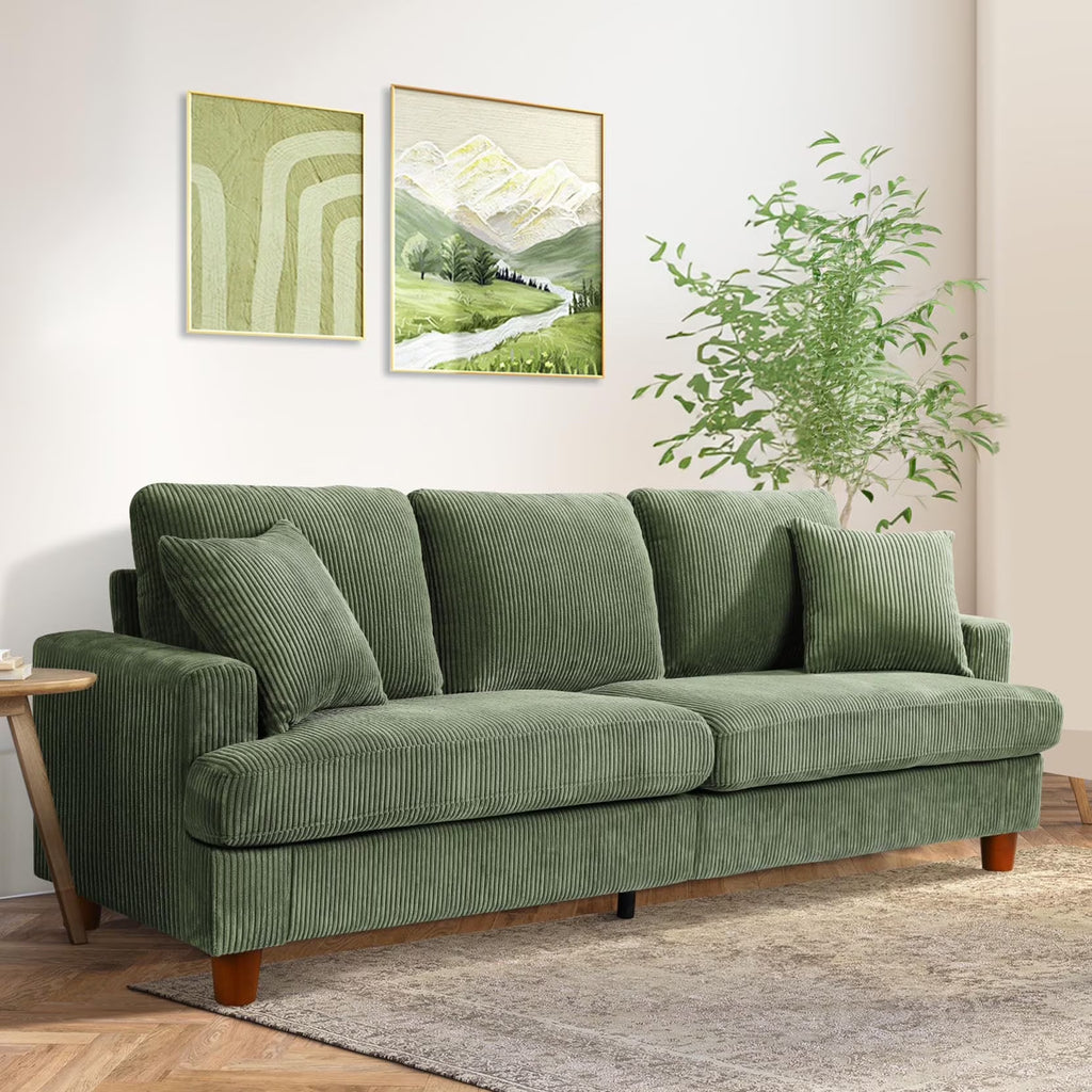 87 Corduroy Sofa.3 Seater Sofa with Extra Deep Seats.Neche Comfy Upholstered Couch for Living Room.2 Pillows.Green